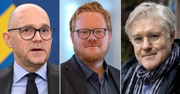 Bilden är tredelad, längst till höger syns arbetsmarknadsminister Johan Britz med svensk flagga i bakgrunden, i mitten syns Emil Johansson från Arbetsförmedlingen, till höger Martin Wästfelt från Unionen. Alla tre bär glasögon. 