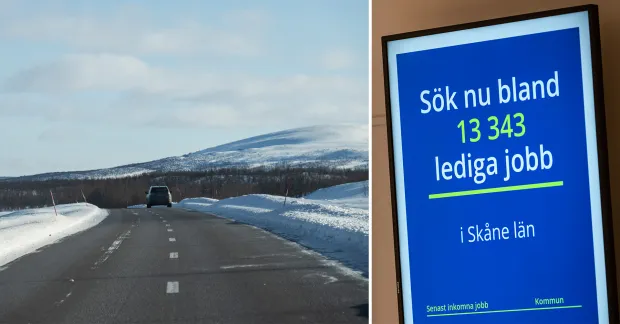 Bilden är tvådelad. Till vänster kör en bil på ödslig väg om given av snöiga berg. Till höger en digital skylt med antalet lediga jobb på Arbetsförmedlingen.