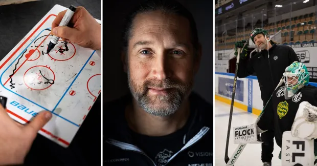 Björn Bjurling, målvaktstränare i hockeyallsvenskan för Björklöven. På isen och ger målvakten intsruktioner.