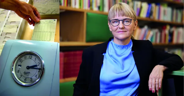 en delad bild med en stämpelklocka till vänster och Malin Wulka, chefsjurist på Unionen till höger. Hon bär svart kavaj, blå blus och glasögon.