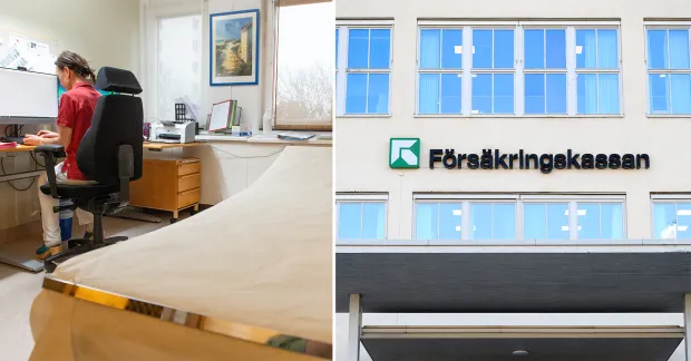 En delad bild. Till vänster sitter en kvinnlig läkare med ryggen mot bilden. Hon jobbar framför datorn i ett mottagningsrum på en vårdcentral. Till höger syns Försäkringskassans gröna logga  mot en beige fasad.