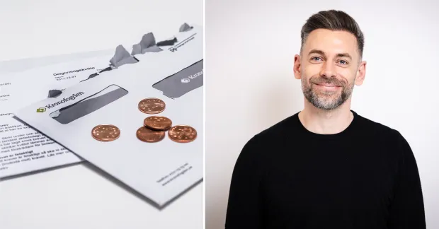 Tvådelad bild: Kronofogden-dokument med mynt samt skuldrådgivaren Kristofer Krmpotic . Används till text om skuldsättning och skuldrådgivning.