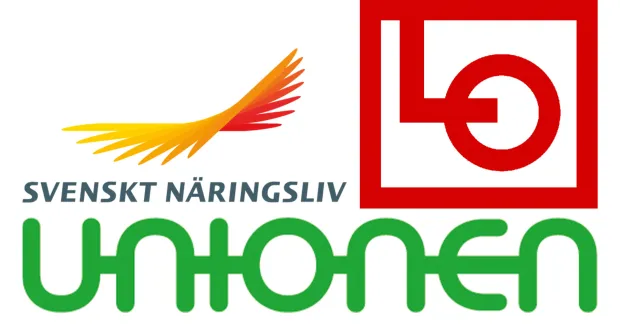  Logotyper för Unionen, LO och Svenskt Näringsliv som symboliserar olika syn på sänkt arbetstid.