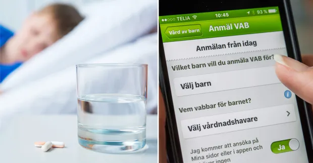 Sjukt barn som vilar i säng medan en förälder anmäler vab i mobilen via Försäkringskassan.