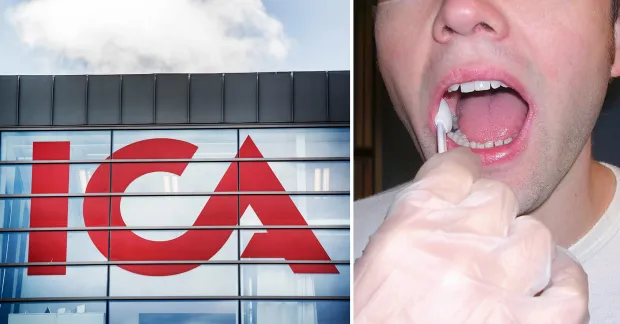 Icas logga. En man som blir topsad med bomullspinne i munnen.
