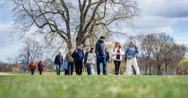 Deltagare på Walk & Talk går i grupp under en nätverkspromenad för arbetssökande i Stockholm.