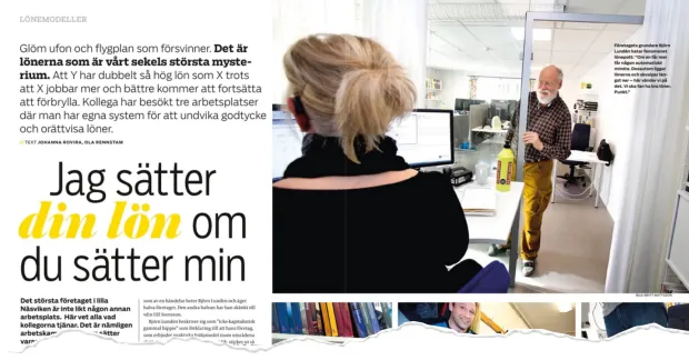 Faksimil av artikeluppslag med rubriken “Jag sätter din lön om du sätter min” och en kontorsbild i bakgrunden.