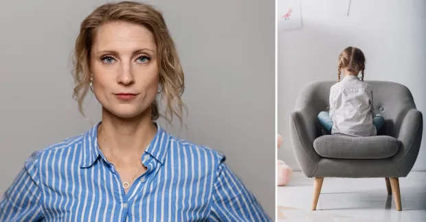 Splittbild: porträttfoto av Matilda Berglund Calais på Attention i blå- och vitrandig skjorta (ansiktet maskerat), bredvid genrebild av ett barn bakifrån som sitter på en stoppad stol.