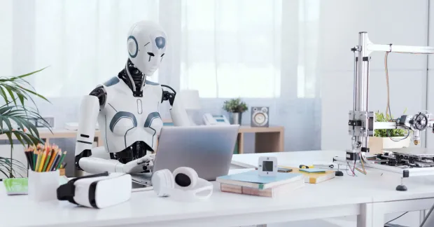 Robot sitter vid en laptop på ett kontor, som illustration till AI på arbetsplatsen och hur tekniken kan påverka tjänstemannajobb.