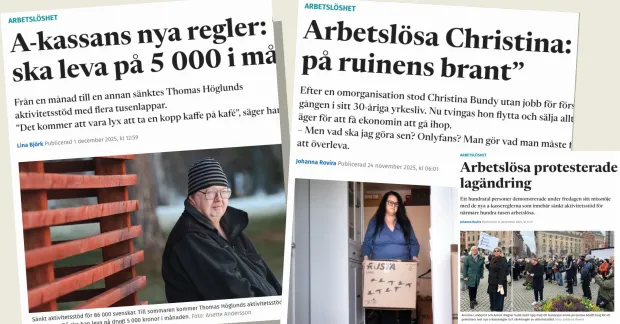 Faksimil av tre tidigare Kollega-artiklar om arbetslöshet och sänkt aktivitetsstöd: en om Thomas Höglund, en om Christina Bundy och en om protester mot lagändringen.