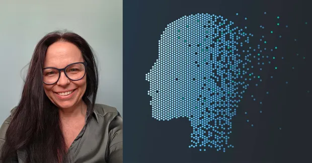 Christina Nilsson, doktorand inom tillämpad IT, bredvid en illustration som symboliserar AI och mänsklig kompetens.