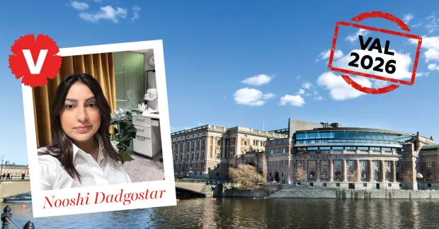Grafisk valbild med Vänsterpartiets röda V-symbol, ett porträttfoto med texten “Nooshi Dadgostar”, riksdagshuset i bakgrunden och en röd stämpel med texten “Val 2026”.