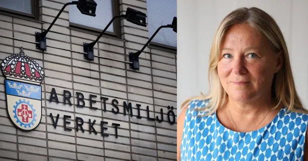 En skylt på Arbetsmiljöverkets fasad och porträttbild på forskaren Lotta Dellve.