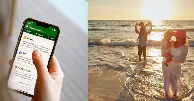 Montage med Försäkringskassans webbplats på en mobiltelefon och två vuxna med två barn vid havet. På mobilskärmen visas myndighetens avsnitt för föräldrar.