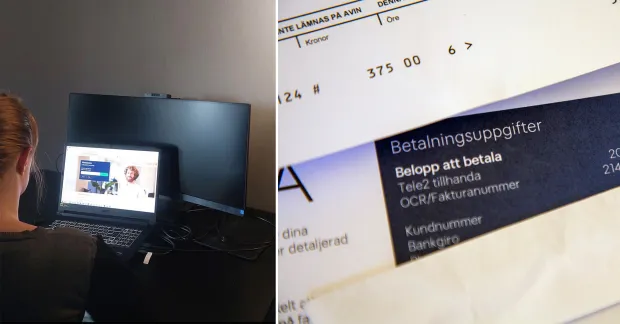 Person sitter vid en bärbar dator och två externa skärmar, bredvid en närbild av betalningsuppgifter på en faktura.