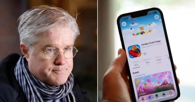 Porträtt av Martin Wästfelt, Unionen, bredvid en bild av en hand som håller en mobiltelefon med spelet Candy Crush på skärmen.