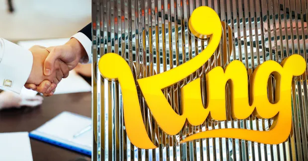 Två personer som skakar hand och en bild på spelföretaget Kings logga.
