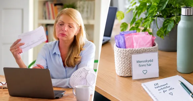 Kvinna arbetar vid laptop i hemmiljö med en fläkt, intill en illustrerad arbetsplatsdetalj med mensskydd och råd om flexibelt arbete, temperatur och arbetsanpassning.