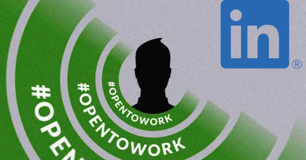 Illustration av en svart profilsiluett omgiven av gröna ringar med texten Open to Work samt LinkedIns logotyp.
