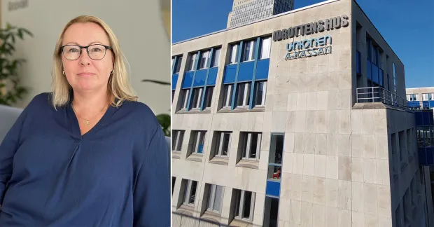 Bildmontage med ett porträtt av en person med glasögon och en byggnad med skylten Unionens a-kassa.