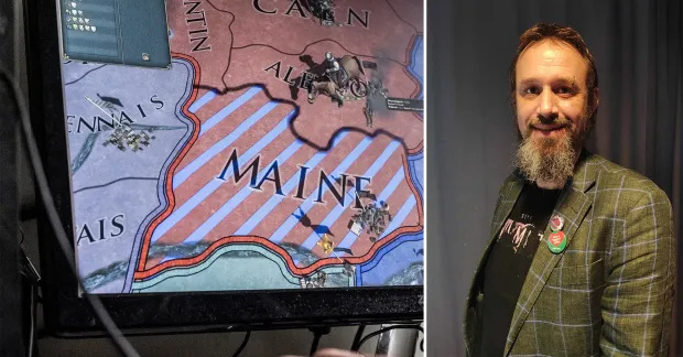 Delad bild med ett strategispel på en datorskärm och ett porträtt av Unionens klubbordförande på Paradox Interactive.