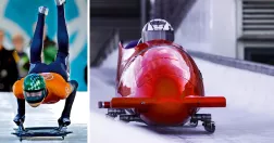 Man tar sats med skeleton. Person i röd bob.