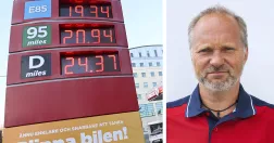 Rekordhöga bränslepriser på en mack (till vänster), Jens Harrysson (till höger).