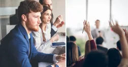 Mötesdeltagare under en konferens (till vänster), föreläsning under konferens (till höger).