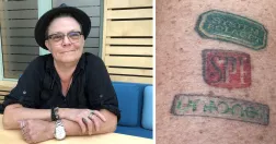 Maria Nilsson iförd hatt (till vänster), tatuering av Systembolagets logga och Unionens logga (till höger).