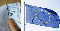 Hand håller upp kuvert med euro (till vänster), EU-flagga på stång (till höger)