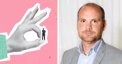 Till vänster: illustration där stor hand snärtar iväg liten person. Till höger. Erik Sjödin.