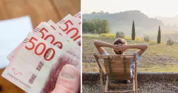 Sedlar i hand och man i solstol som blickar ut över landskap.