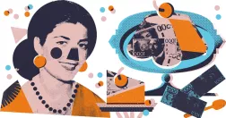 Illustration med leende kvinna och pengar.