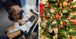 Till vänster: Kvinna framför skrivbord i stressig miljö. Till höger: Julgran.