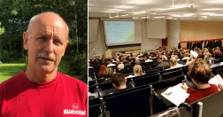 Till vänster porträtt på Kent Mayer i röd tröja. Till höger en föreläsningssal med studenter i bänkrader.