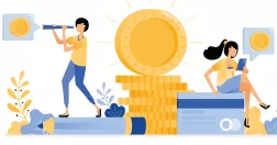 Illustration i gult och blått på två tecknade kvinnor på varsin sida om en stapel med mynt. Kvinnan till vänster tittar i en tubkikare efter ett guldmynt och kvinnan till höger tittar efter guldmynt i sin mobiltelefon.