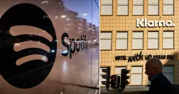 Till vänster bild på Spotifys kontor i Stockholm. Till höger bild på Klarnas kontor i Stockholm. Exteriör med skyltar. 
