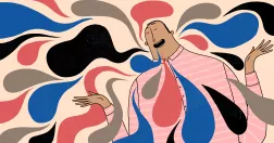 Tecknad bild på en mansperson som står upp och hur hans mun kommer massvis med pratbubblor. 