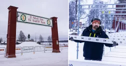 Två bilder. Till vänster Vasaloppets målportal. Till höger Per Eriksson, arenaansvarig på Vasaloppet sätter upp numrerad förvaring för skidor.