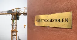 Till vänster en byggkran. Till höger en skylt med texten Arbetsdomstolen. 