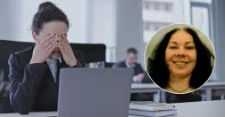 Till vänster en kvinna med huvudet i händerna, till höger Lena Björk.