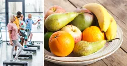 Till vänster en grupp äldre personer tränar på gym. Till höger en skål med frukt. 