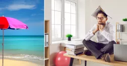 Till vänster ett färgglatt parasoll. Till vänster en man på kontor, sitter i skräddarställning på bordet med en bok ovanpå huvudet.
