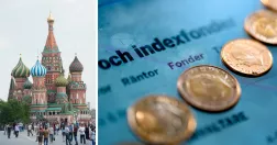 Till vänster Röda torget i Moskva, till höger mynt ovanpå papper om indexfonder.