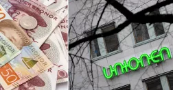 Till vänster en hög med svenska sedlar. Till höger Unionens fasad.