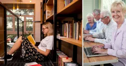 Plugga under arbetslösheten. Från vänster en kvinna i ett bibliotek, en kvinna i ett klassrum