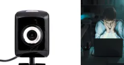 Kameraövervakning med webcam. Till vänster en stor och lite hotfull webbkamera, till höger en kvinna vid en dator. Ser rädd och obekväm ut.