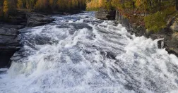 Forsande vatten med skog på vardera sida, berg i bakgrunden.