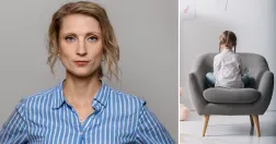Splittbild: porträttfoto av Matilda Berglund Calais på Attention i blå- och vitrandig skjorta (ansiktet maskerat), bredvid genrebild av ett barn bakifrån som sitter på en stoppad stol.