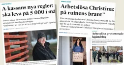 Faksimil av tre tidigare Kollega-artiklar om arbetslöshet och sänkt aktivitetsstöd: en om Thomas Höglund, en om Christina Bundy och en om protester mot lagändringen.